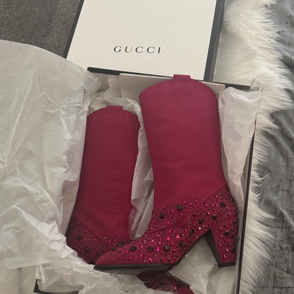 Gucci Women's Fuchsia Embellished Heeled Boots